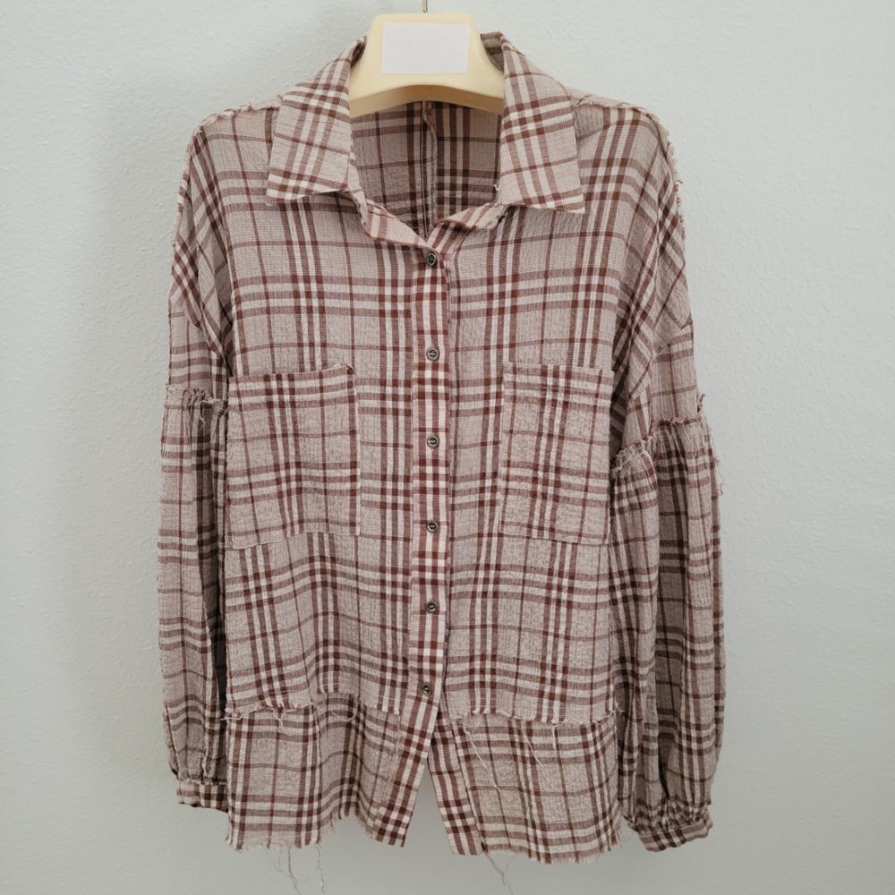 Buckle Gimmicks Tunic Womens XL Brown Cream Raw Edge Bohemian Balloon Sleeve